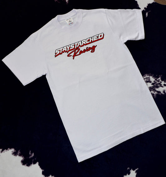 WHITE STAY STARCHED RACING T-SHIRT