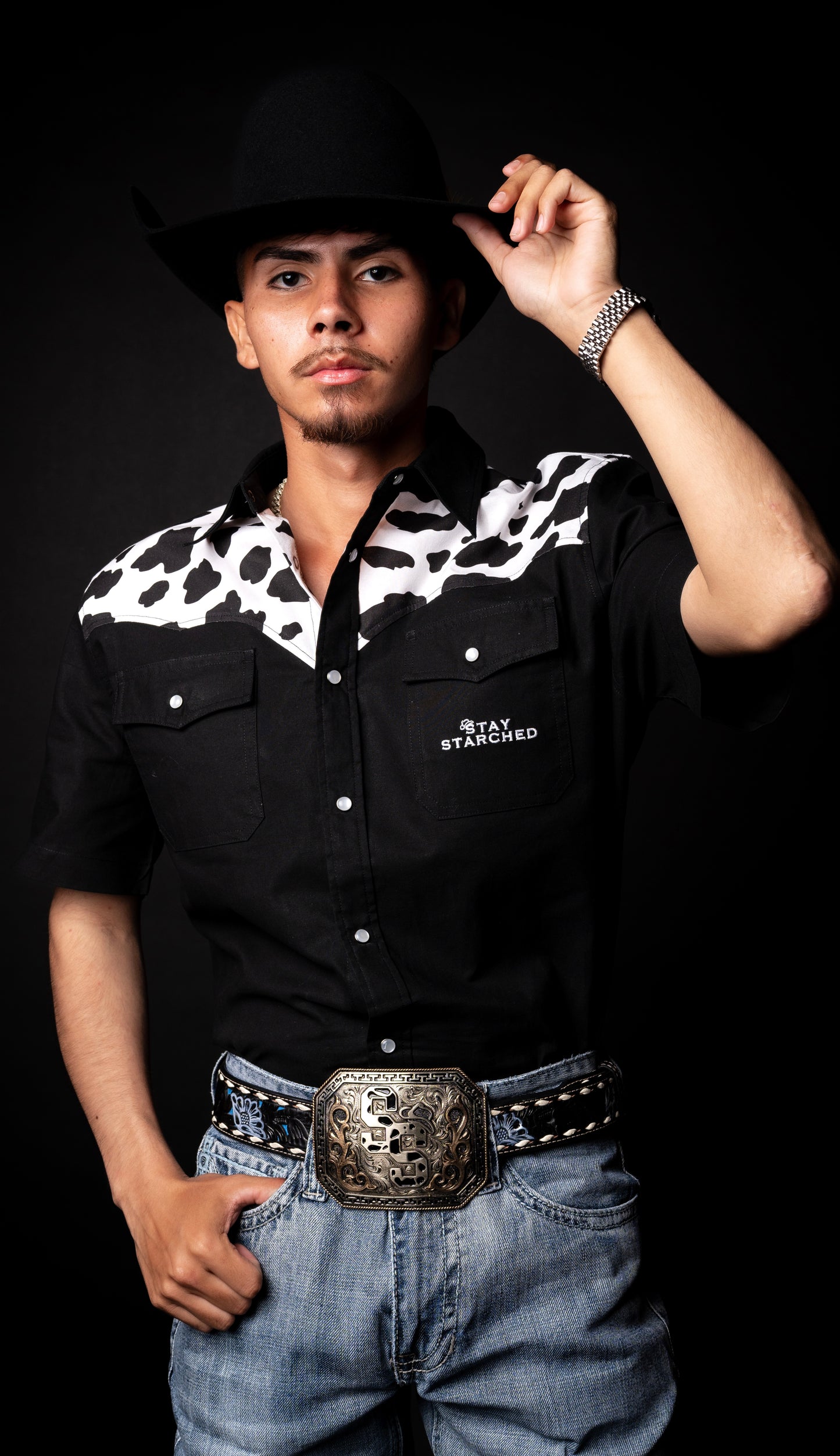 BLACK COWPRINT BUTTON UP