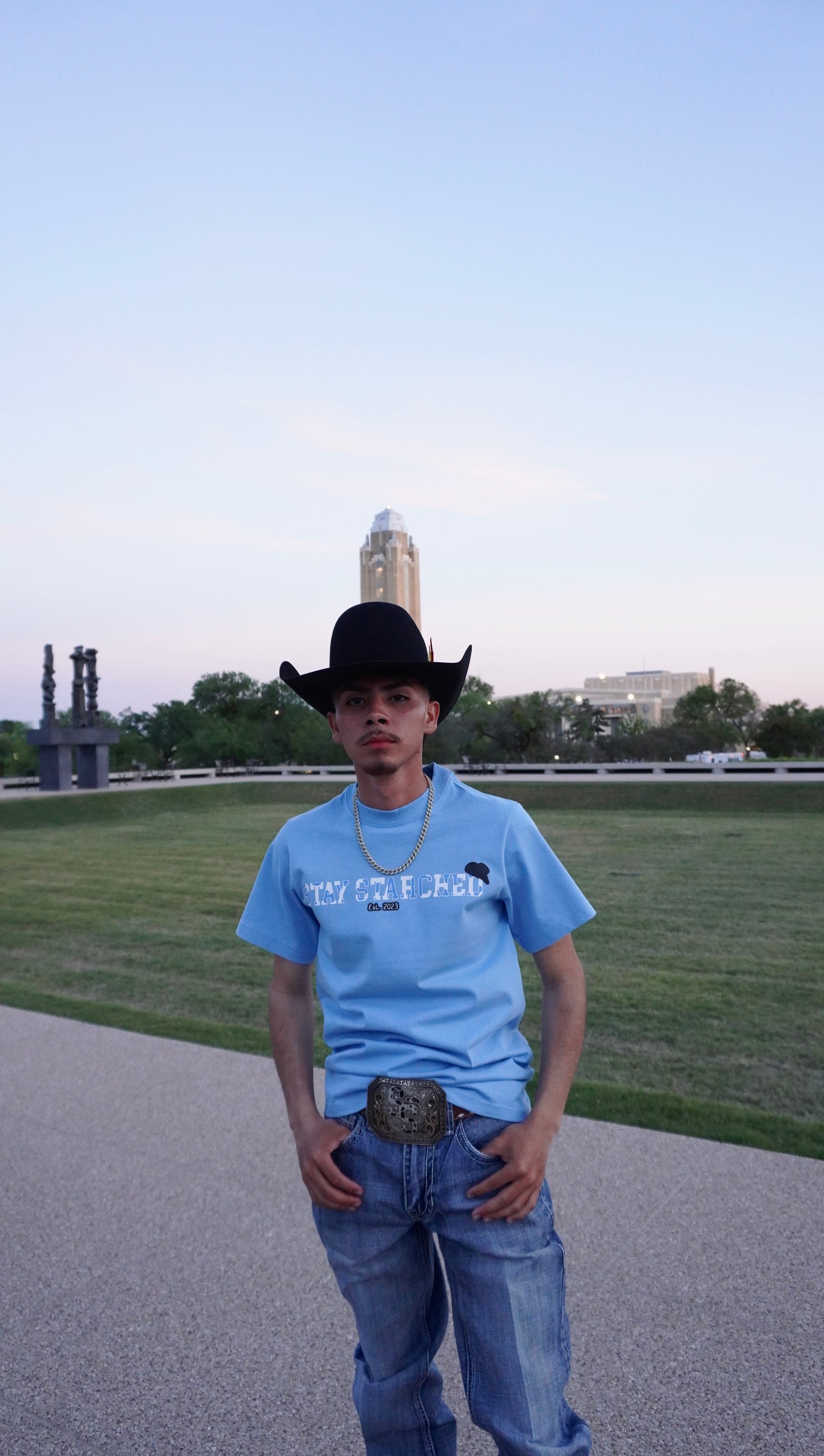 BABY BLUE COW PRINT SS T-SHIRT