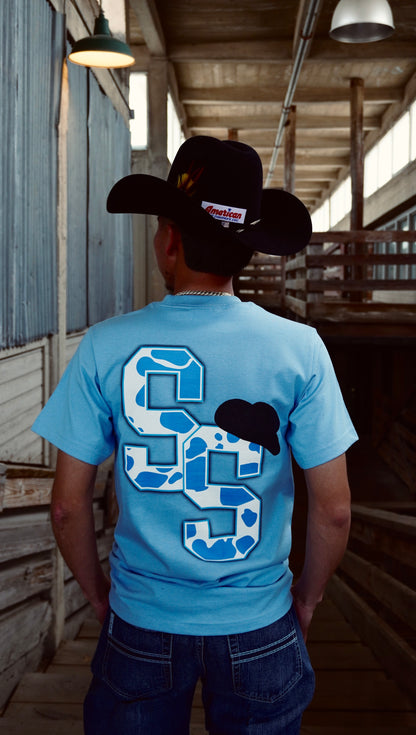 BABY BLUE COW PRINT SS T-SHIRT